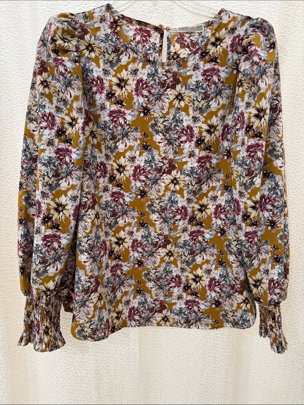 Pleione Floral Long-Sleeve Top with Gold, Burgundy and Cream Blooms